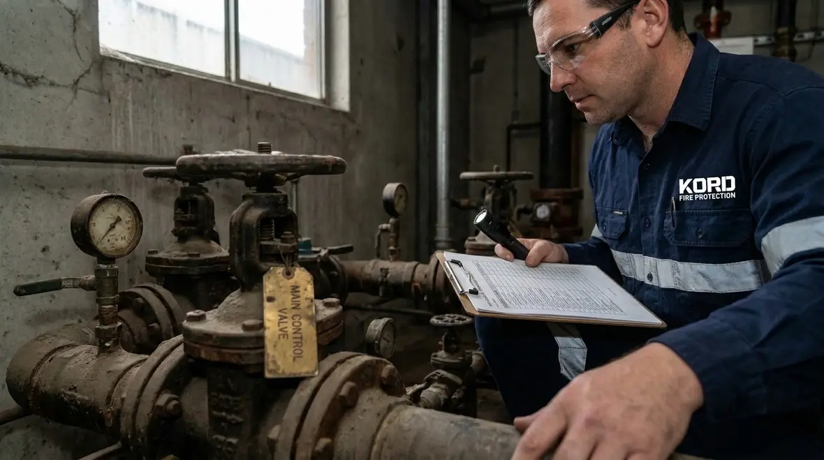 Technician inspecting fire protection control valve assembly at commercial facility