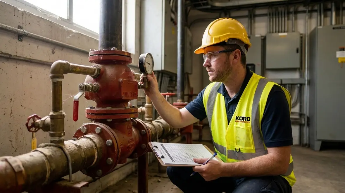 Technician inspecting water based fire protection components for NFPA 25 maintenance safety