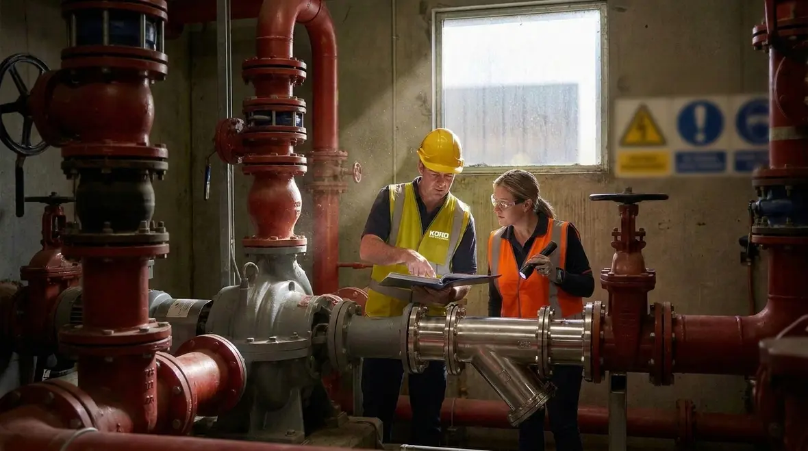 Maintenance technician servicing fire pump components under NFPA 25 program