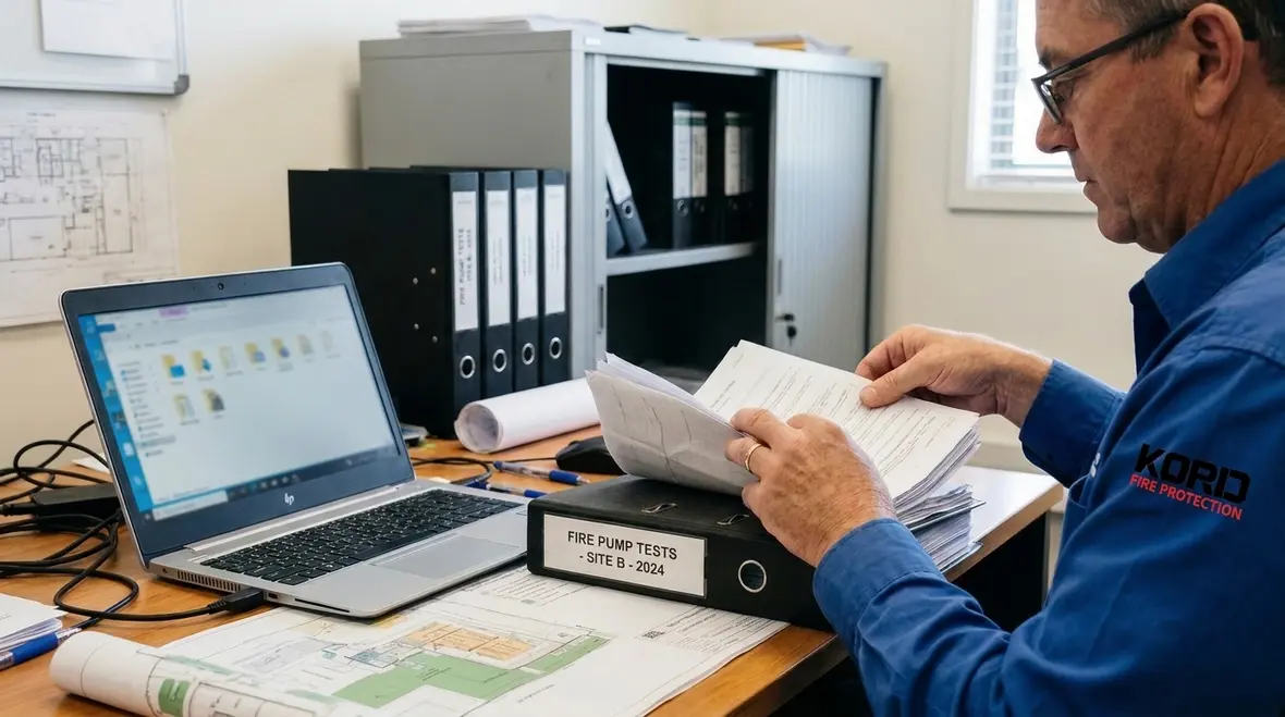Fire pump compliance report checklist and testing notes on site
