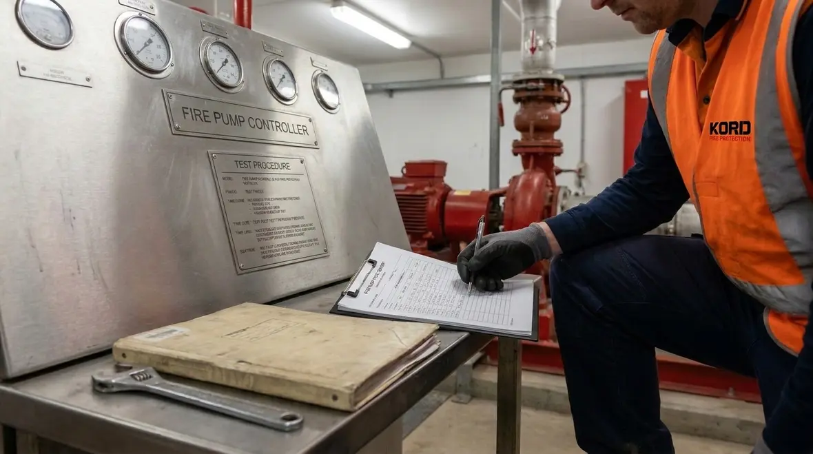 Technician reviewing NFPA 25 fire pump test report documentation in a pump room
