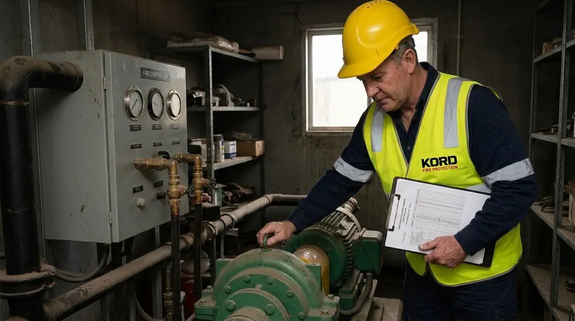 Technician performing NFPA 25 fire pump testing at a pump room