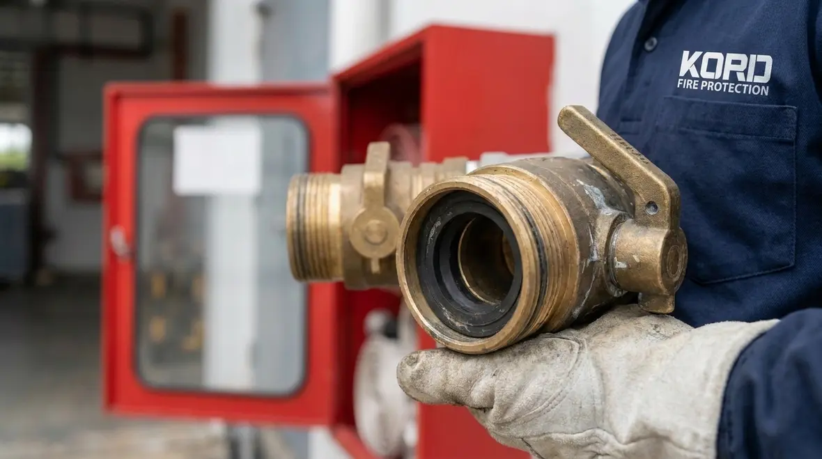 Close view of hose valve outlet and connection points during inspection
