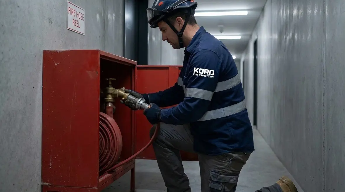 Technician inspecting hose valve and hose connection under NFPA 25