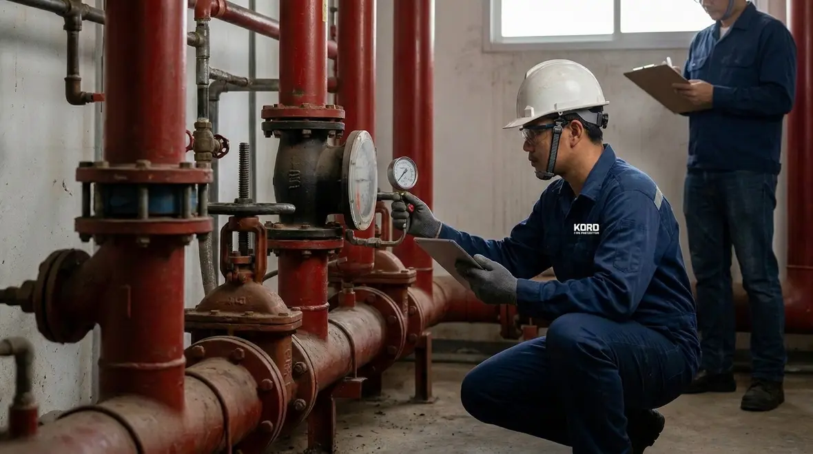 Technician reviewing NFPA 25 inspection testing maintenance tasks