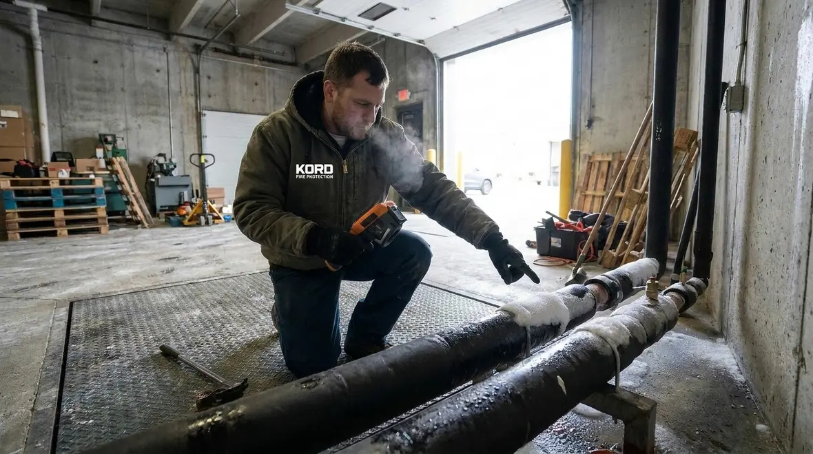 Technician investigating fire sprinkler pipe obstruction