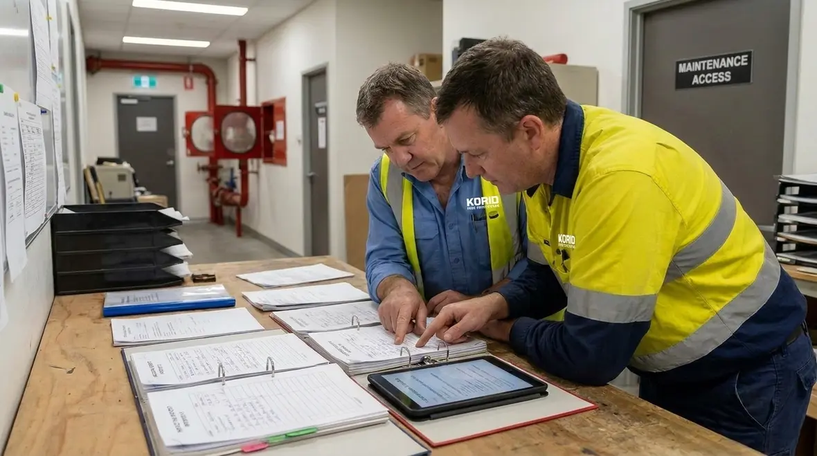 Technician documenting private fire main inspection findings for corrective action
