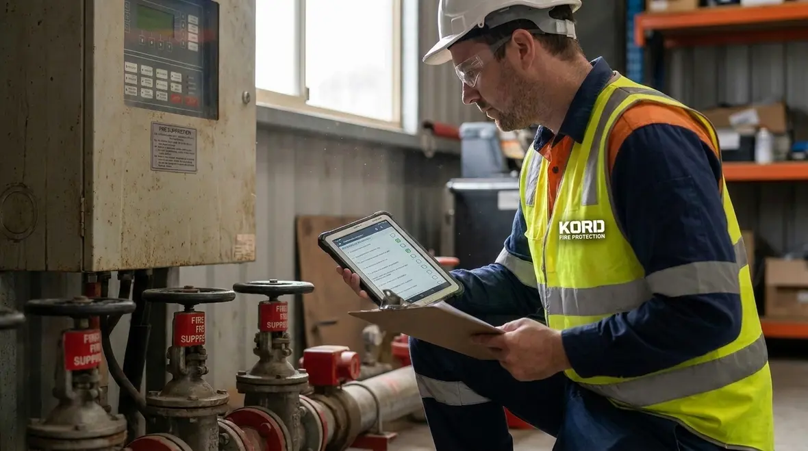 Technician reviewing NFPA 25 special requirements for linked NFPA documents