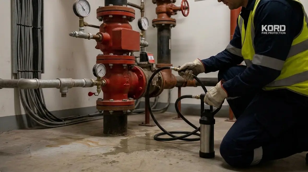 Technician checking sprinkler system valves and piping
