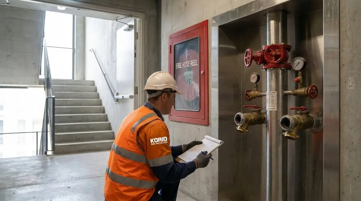 Standpipe hose valve and cabinet components being inspected in a commercial building