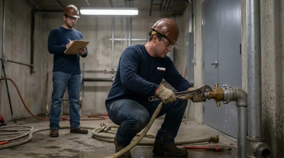 Technician testing standpipe water delivery path and hose valve performance