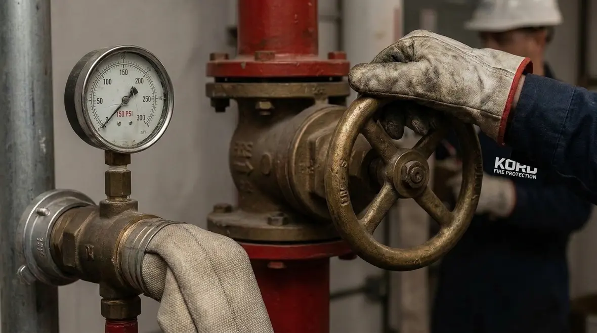 Standpipe hose connections and valves being checked during NFPA 25 testing