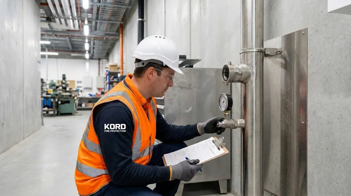 Technician reviewing NFPA 25 standpipe testing findings at a commercial facility