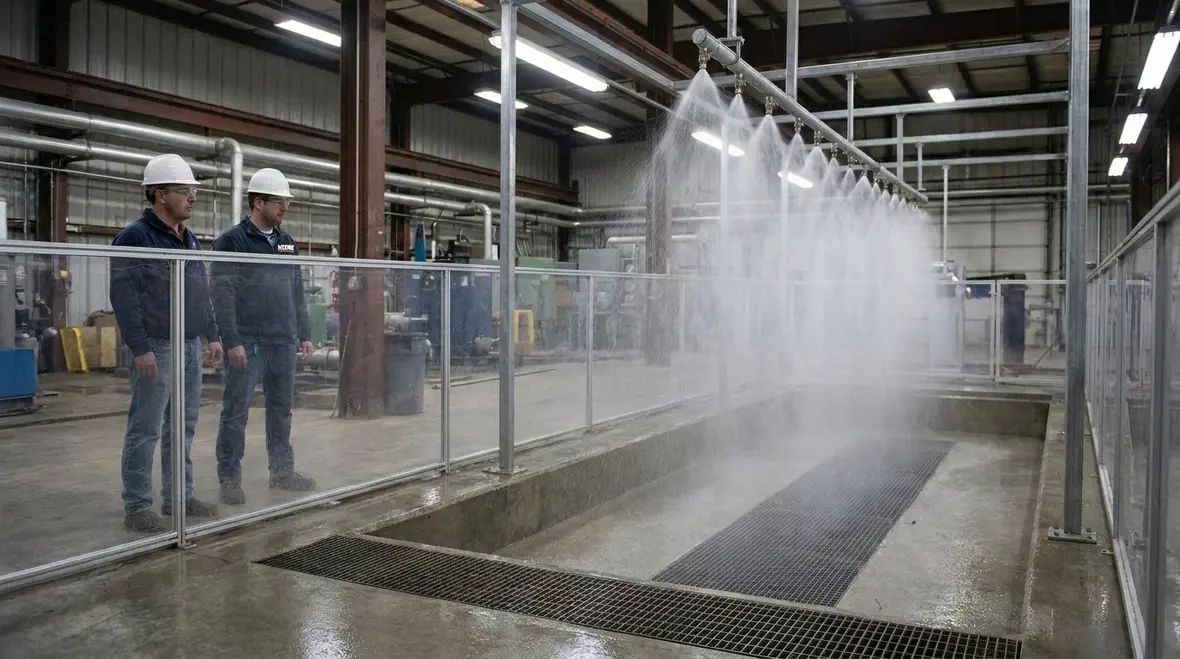 Technician reviewing fixed water spray system components for NFPA 25 compliance