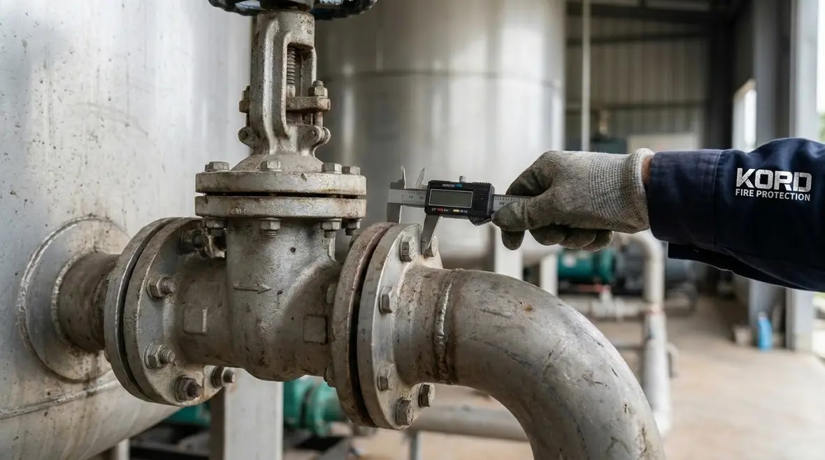 Technician reviewing water tank components and connected valves