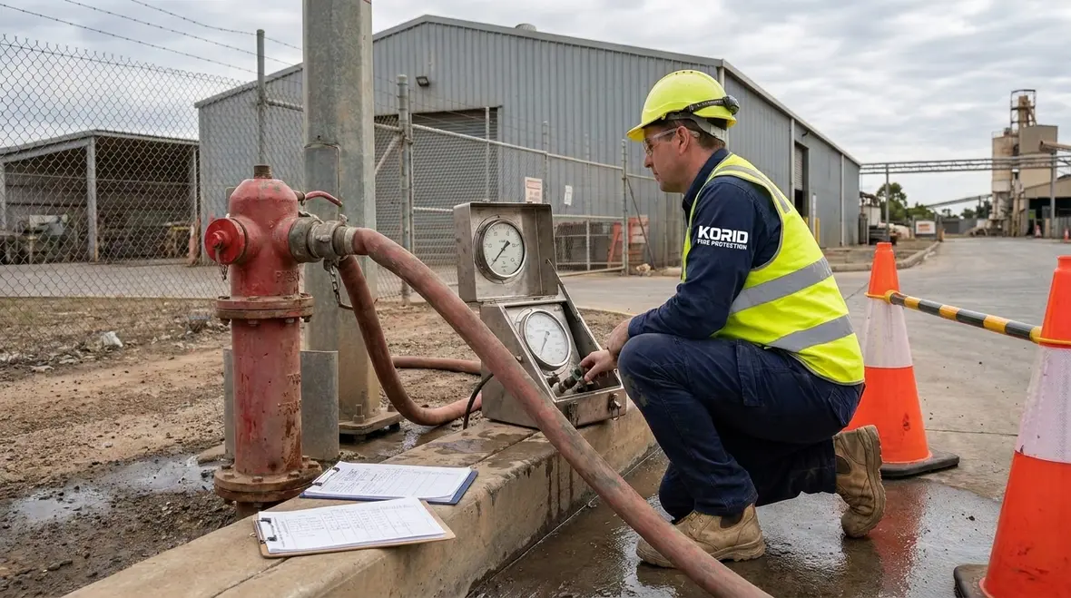 Technician reviewing hydrant flow testing setup under NFPA 291 2025 updates