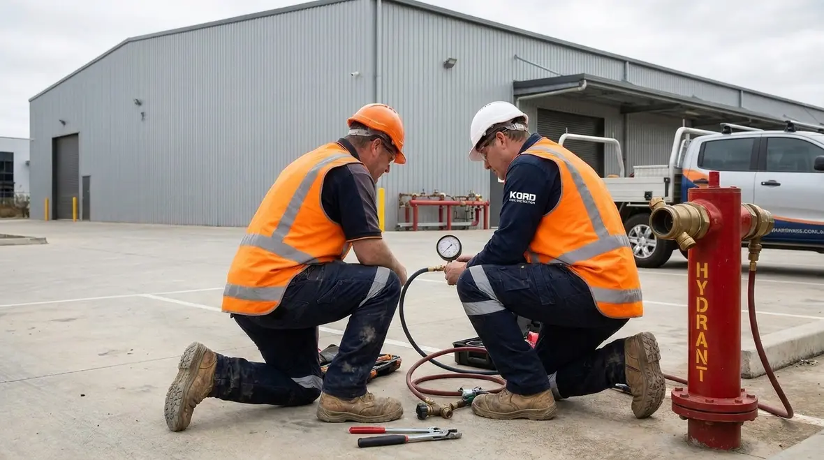 Technician reviewing NFPA 291 hydrant testing definitions on site