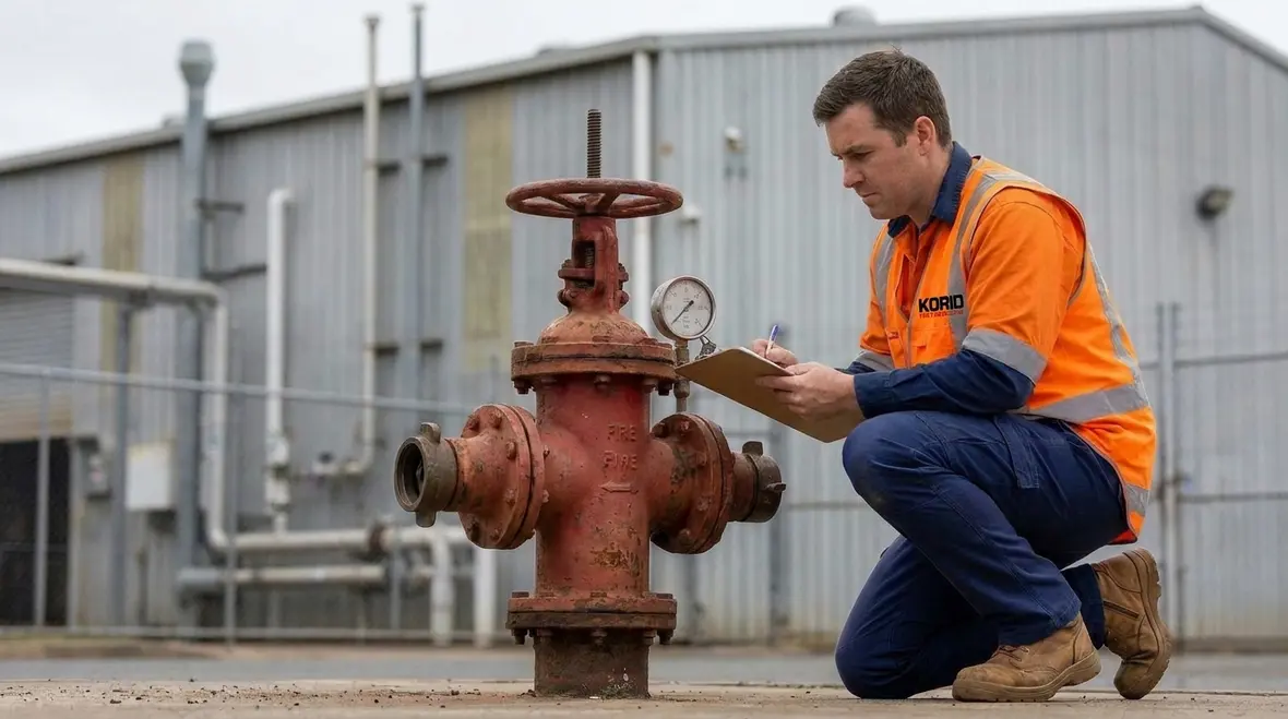 Technician reviewing hydrant flow testing data for NFPA 291 and NFPA 25 comparison