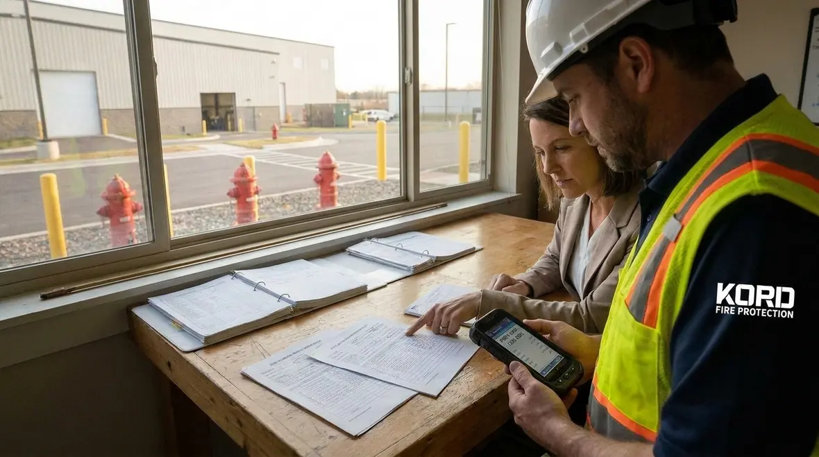 Site manager reviewing fire hydrant compliance and maintenance records