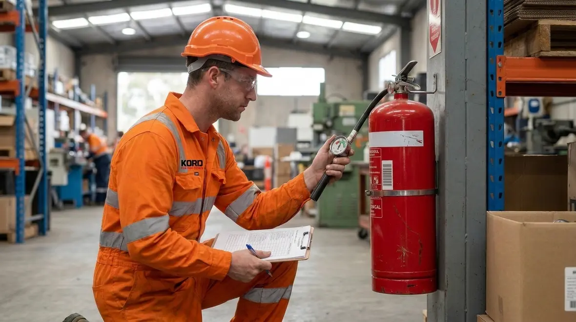Technician performing fire extinguisher recharge service