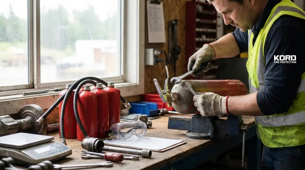 Fire extinguisher components inspected during recharge procedure