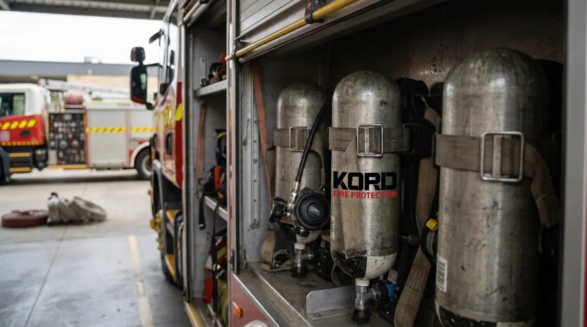 SCBA storage compartment mounted on a fire apparatus