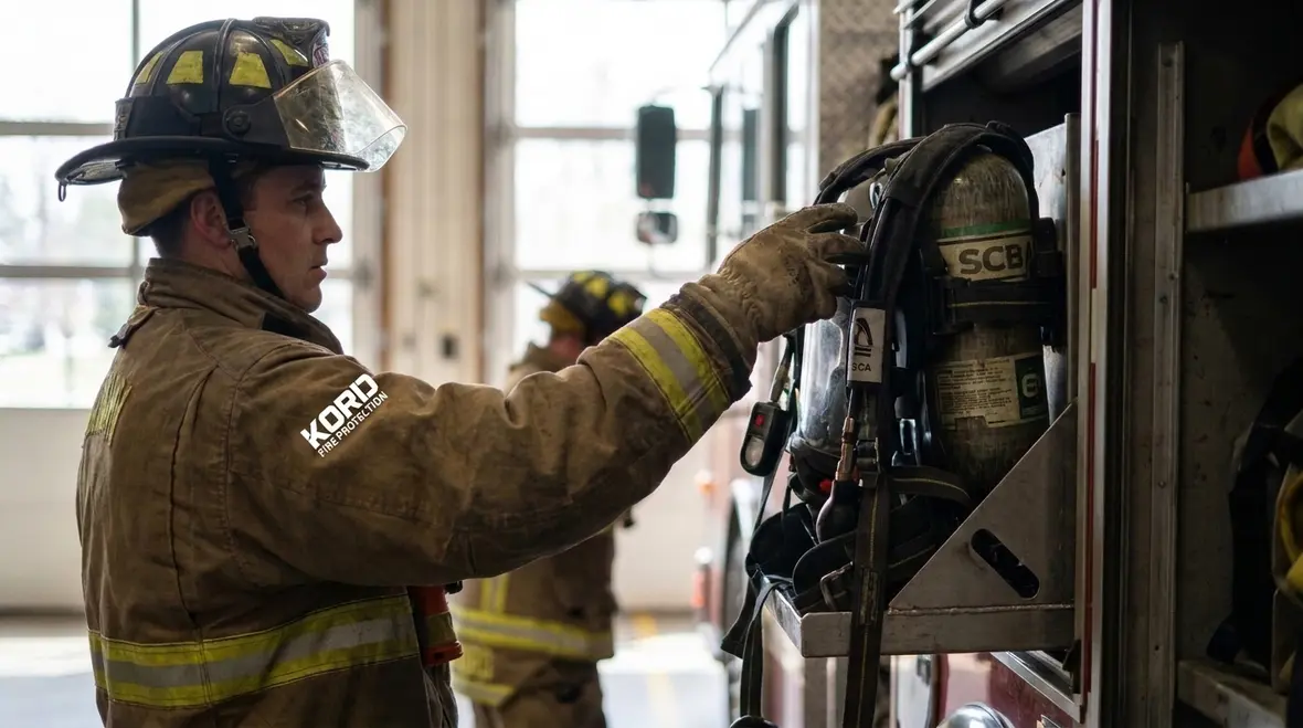Firefighters accessing SCBA storage on a fire truck