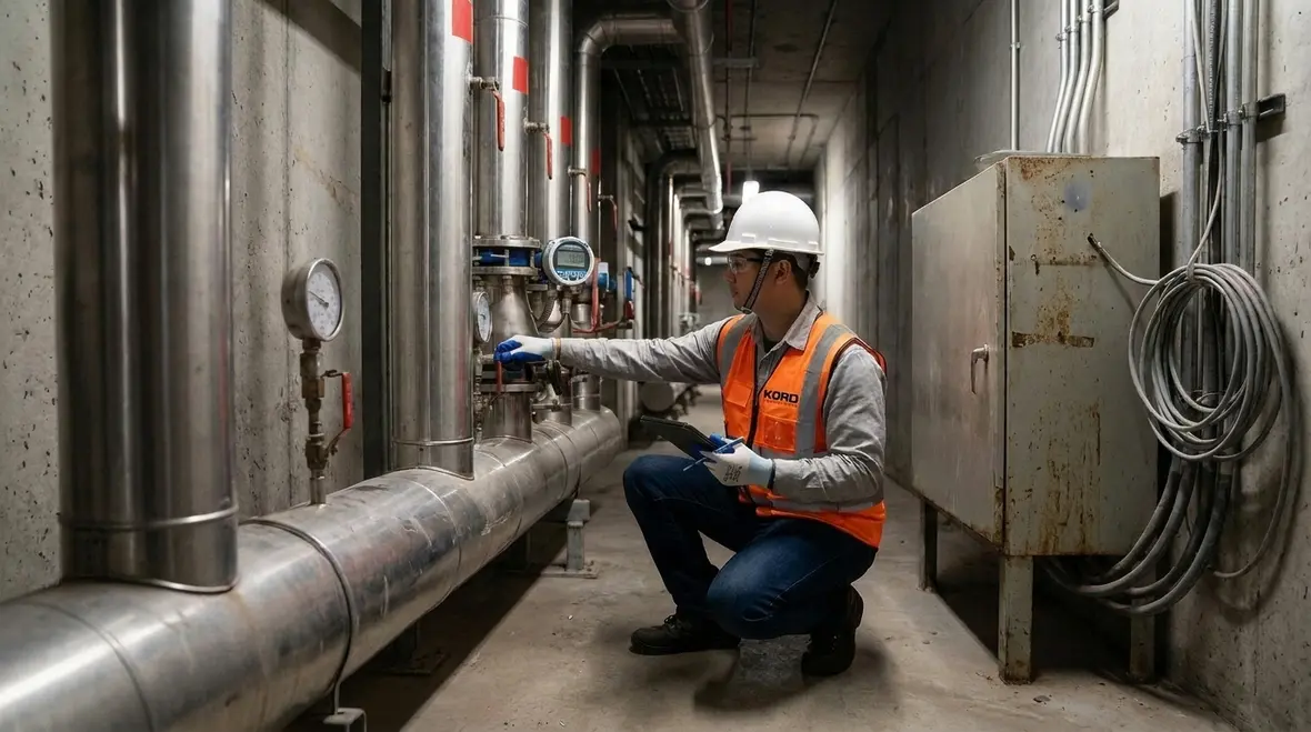 Technician reviewing ultra high pressure fire pump controls and gauges