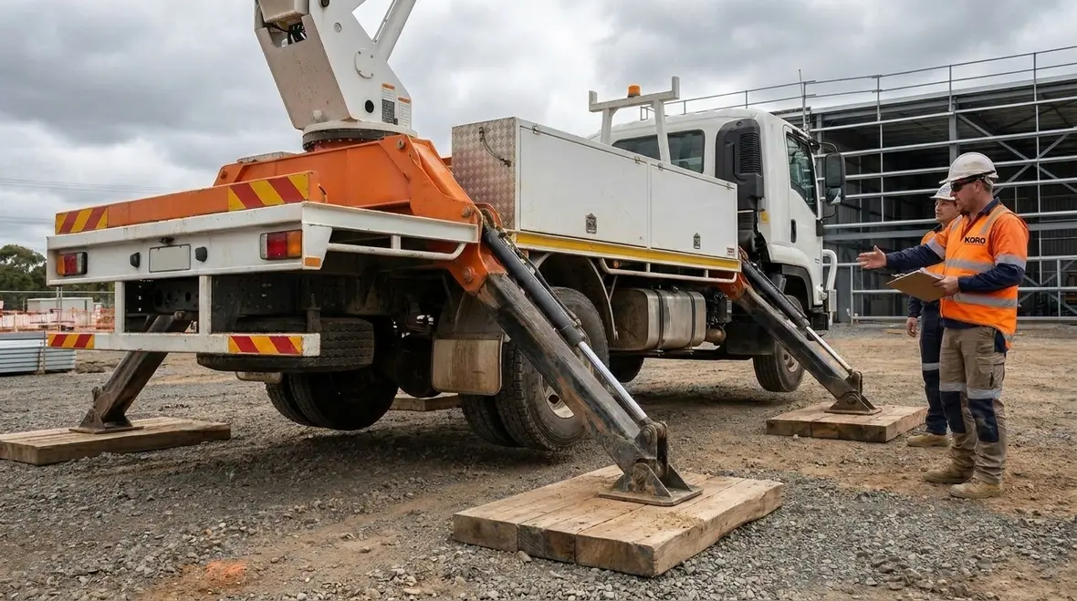 Aerial device outriggers deployed on stable ground for safe elevated operation