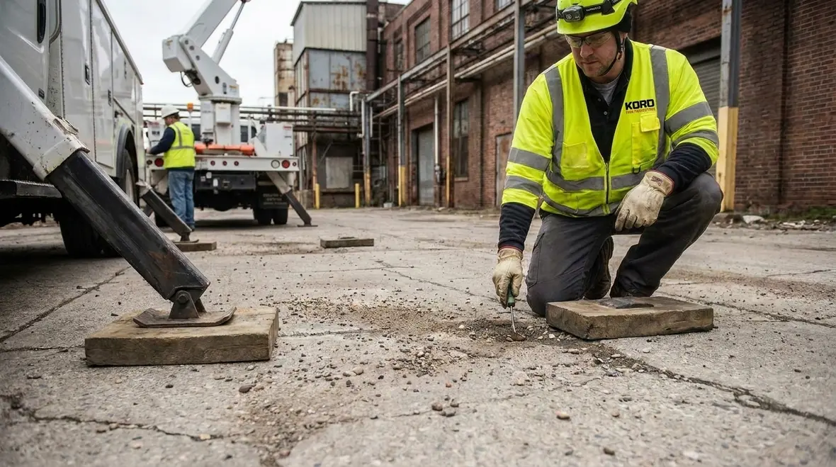 Commercial site aerial access operation with controlled exclusion zone and stable support