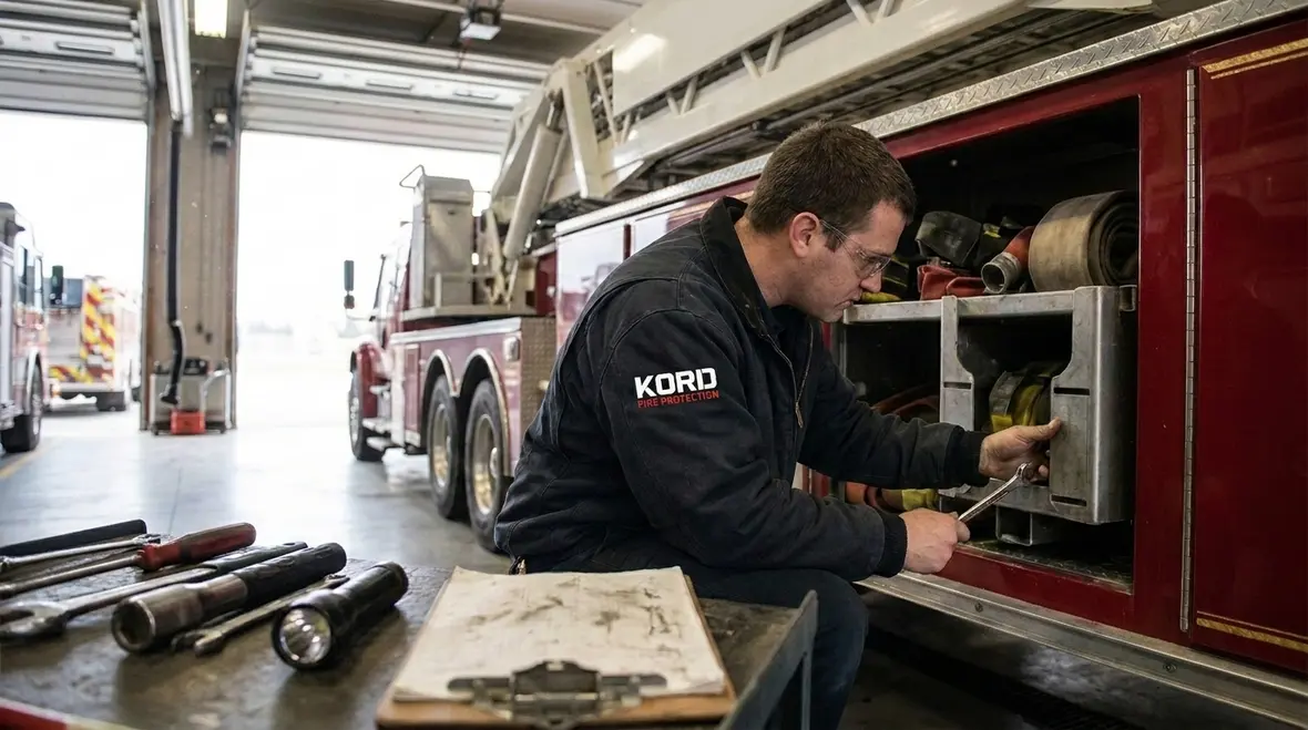 Inspection ready aerial fire truck equipment with organized storage