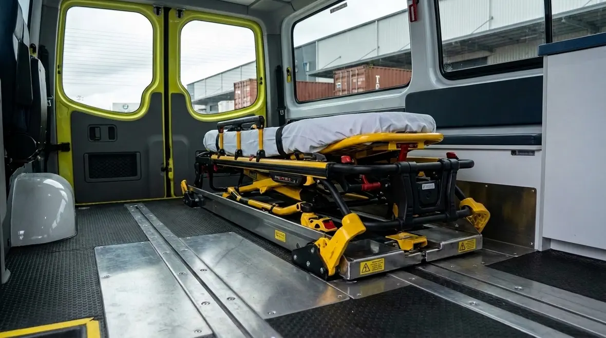 Ambulance cot retention system aligned with NFPA 1900 Section 30.22