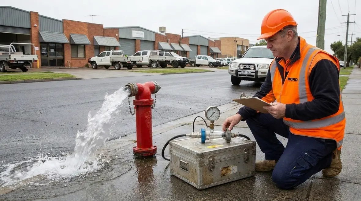 Technician measuring available water supply calculation at hydrant