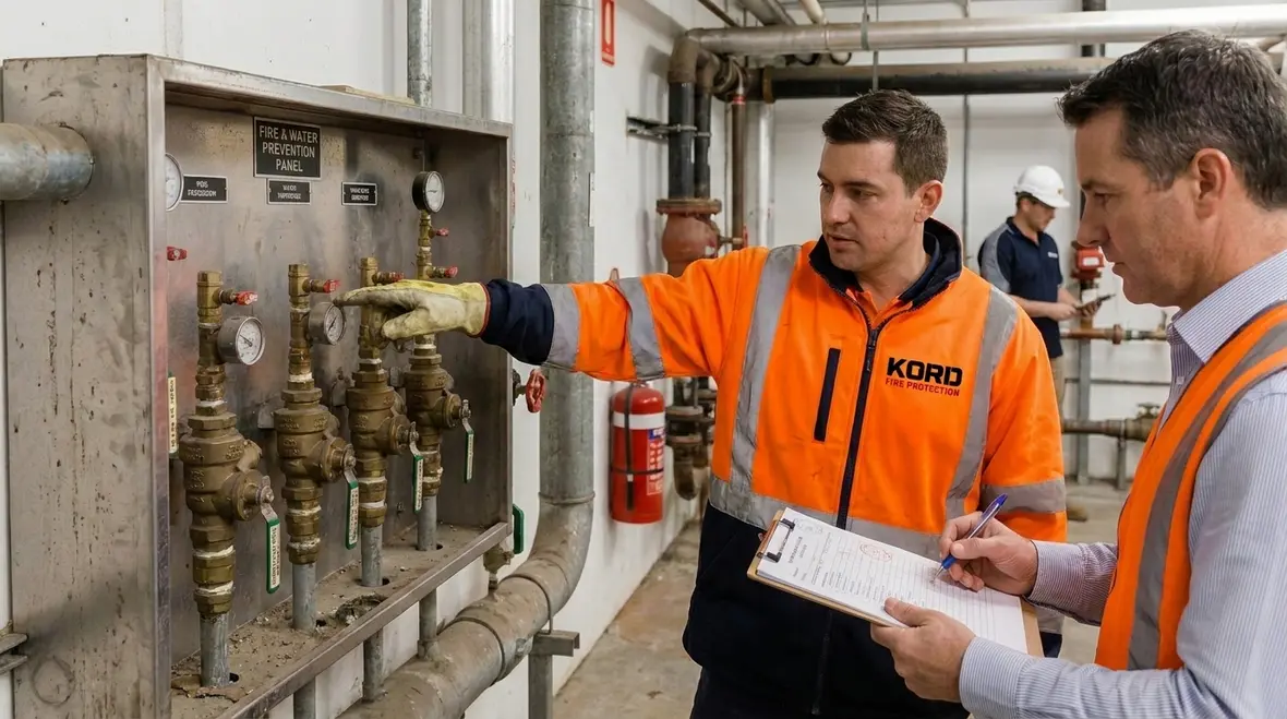 Technician coordinating backflow prevention assembly testing for a fire protection system