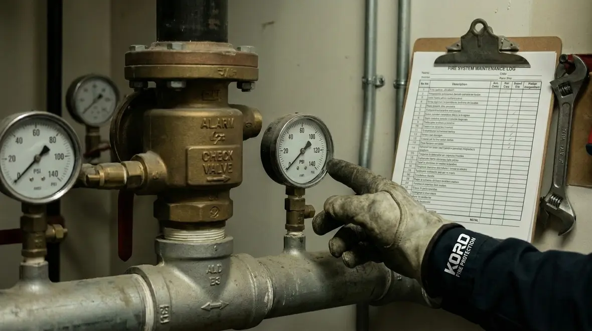 Inspection of alarm valves gauges and water flow indicators in a commercial sprinkler system