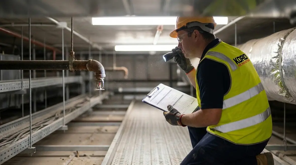 Technician reviewing a commercial fire sprinkler inspection checklist under NFPA 25