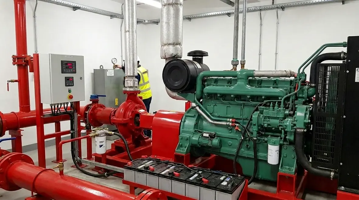 Diesel fire pump system with fuel cooling exhaust and battery components
