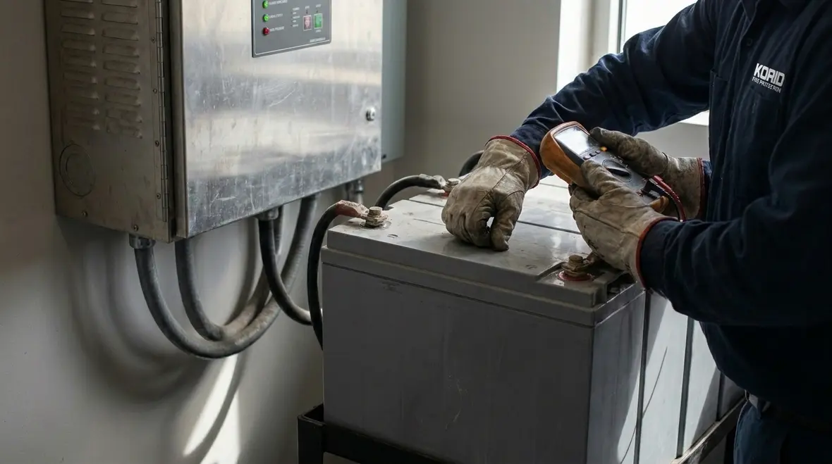 Technician checking diesel fire pump starting components