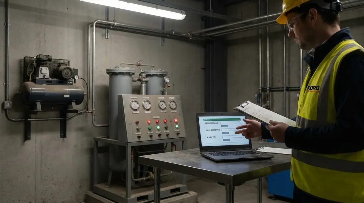 Technician inspecting dry sprinkler nitrogen generator equipment for NFPA 25 compliance
