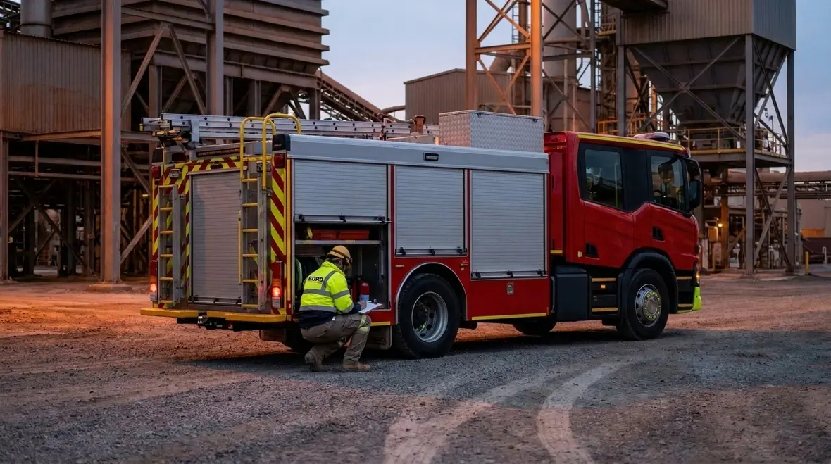 Electric fire apparatus charging and staged for response readiness