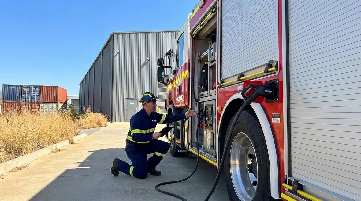Electric fire apparatus parked and ready for emergency response under NFPA 1900 standards