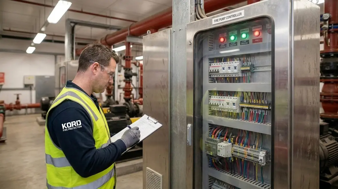 Technician reviewing electric fire pump commissioning checklist in pump room