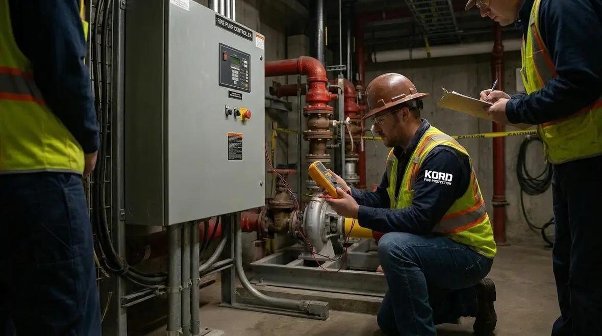 Electric fire pump controller and wiring during functional commissioning test