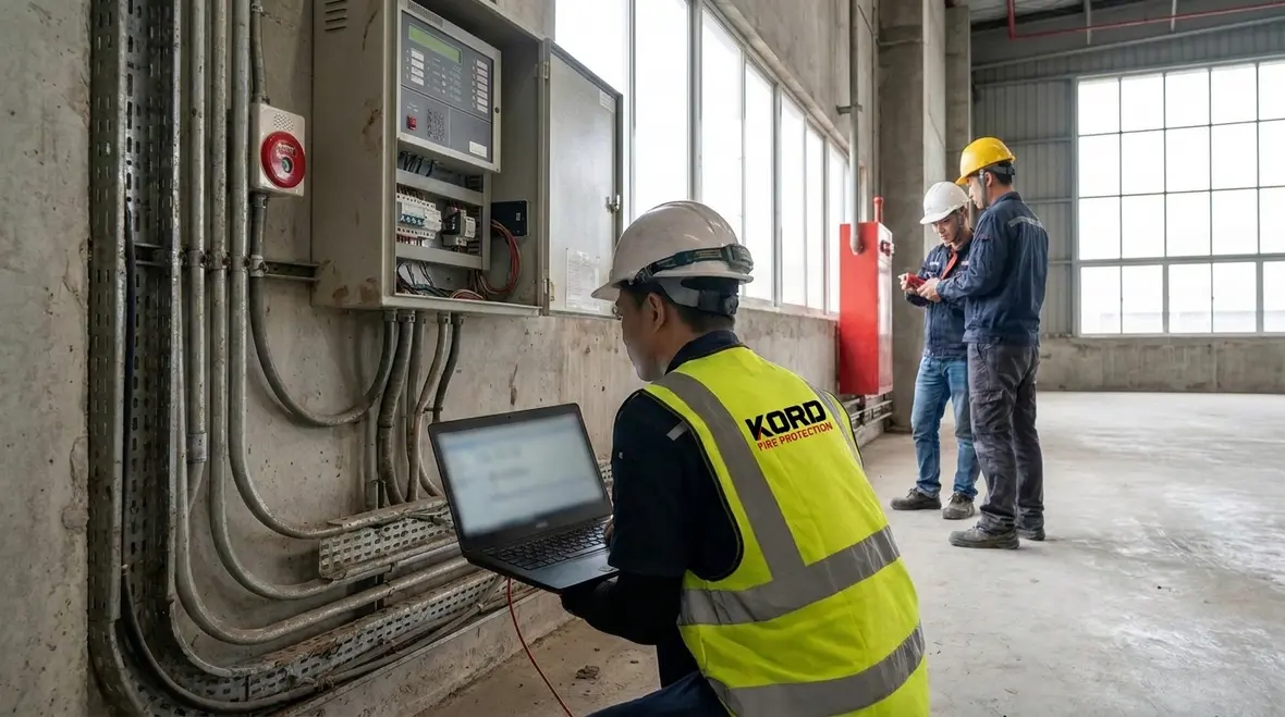 Technician reviewing fire pump controller status and monitoring signals