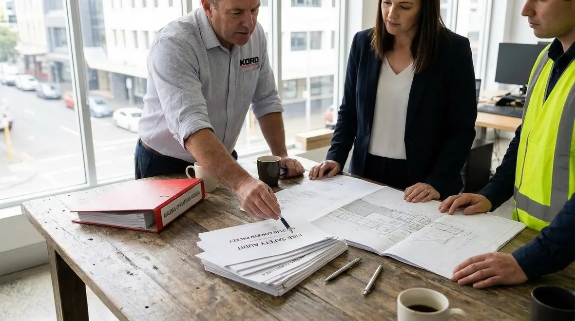 Business team preparing a fire code board of appeals submission under NFPA 1 Section 1.11