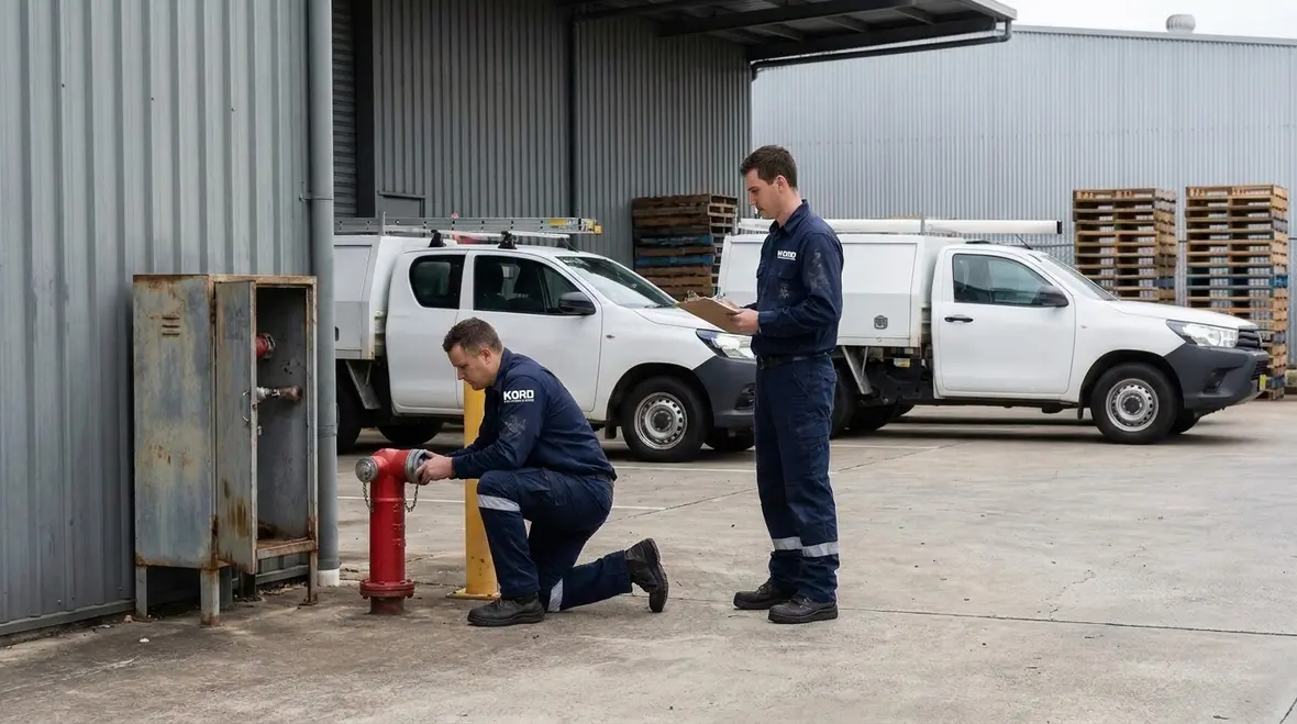 Fire official reviewing fire code enforcement procedures at a commercial facility