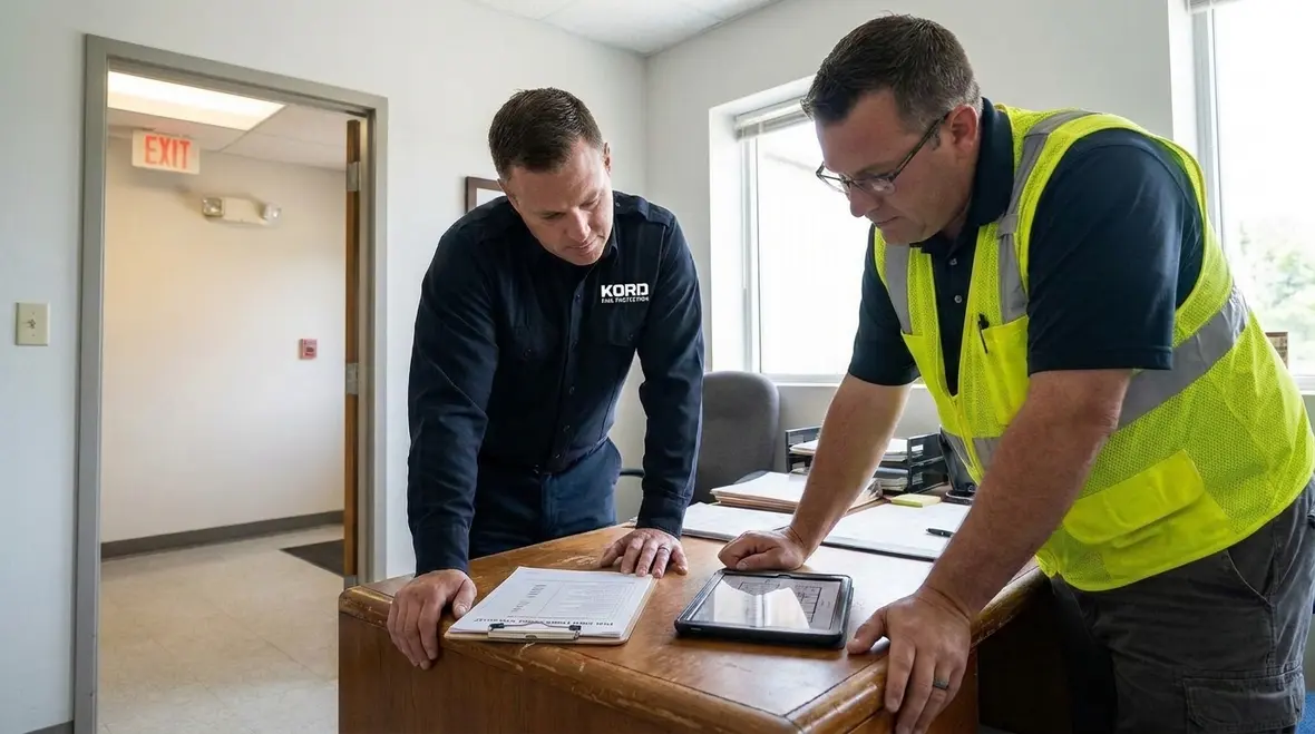 Facility team discussing NFPA code compliance enforcement steps