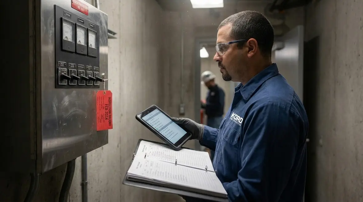 Facility compliance team reviewing fire inspection records and maintenance logs