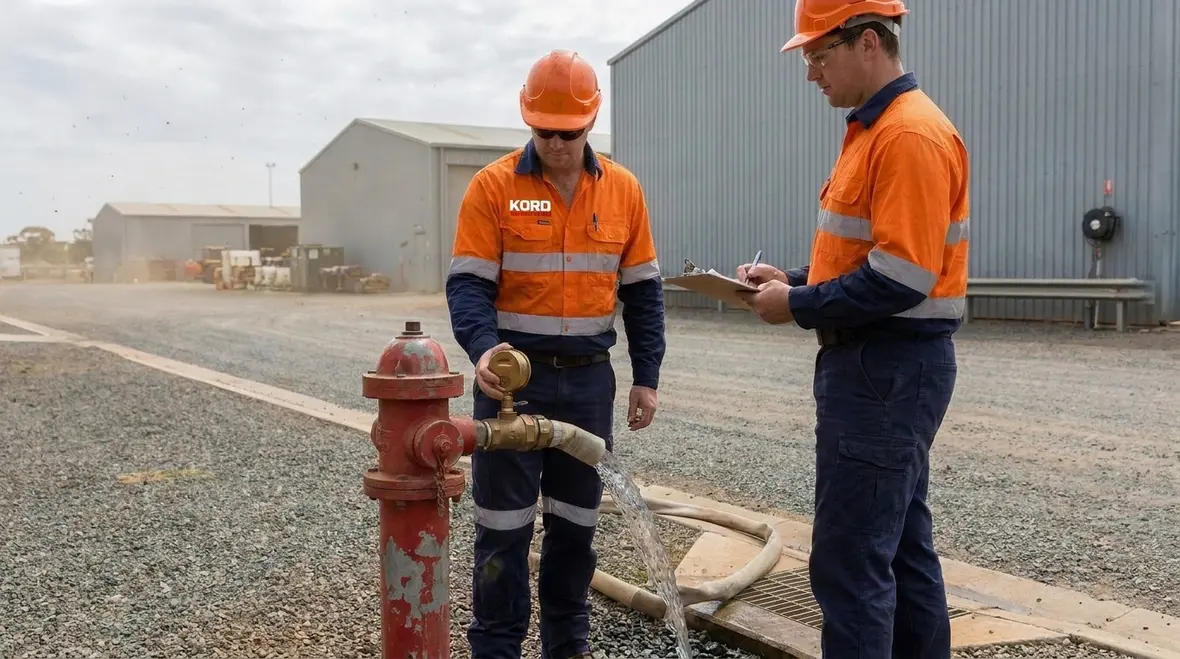 Technician performing fire hydrant flow test evaluation