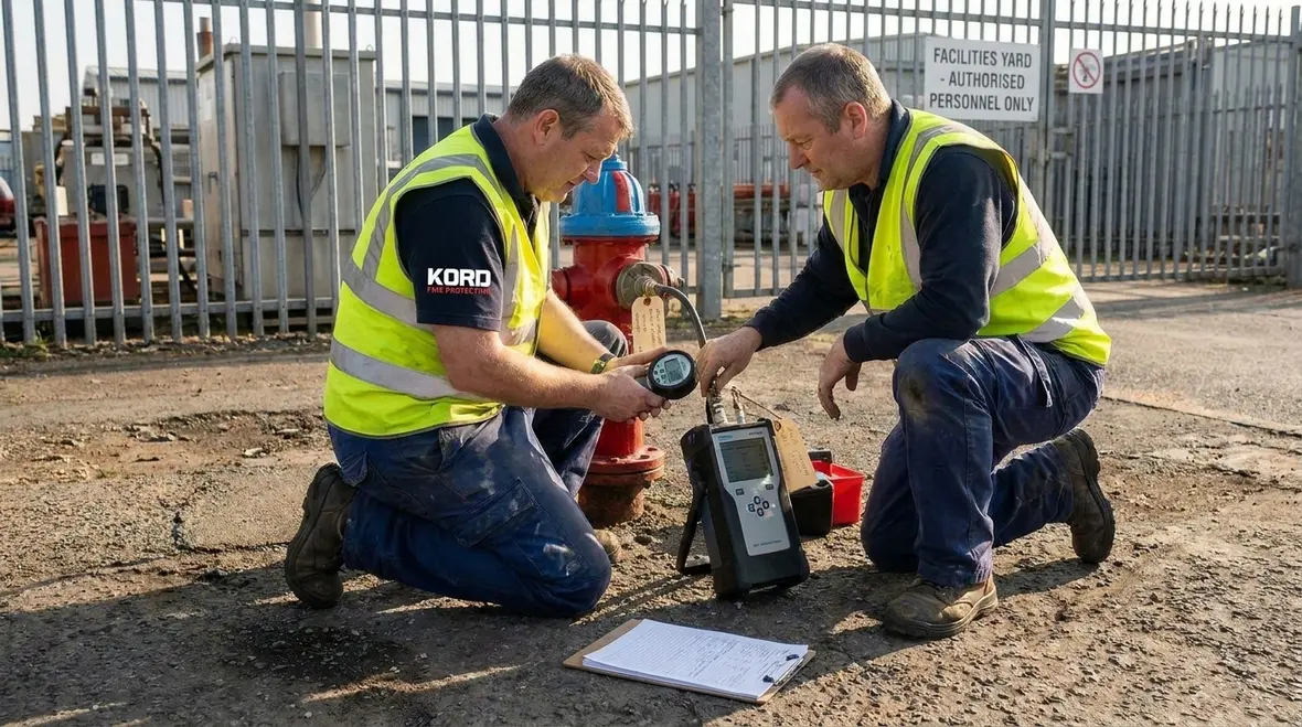 Commercial site fire hydrant with clear identification and access visibility